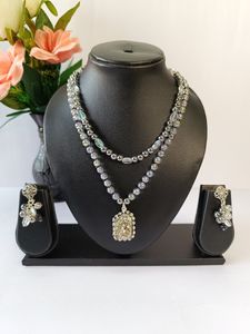 Black & Clear Beaded Necklace with Semi-Pyrite Pendant