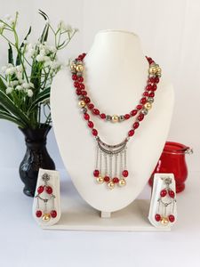 Layered Bead Necklace with Silver Pendant