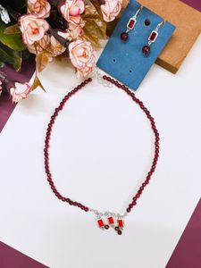 Agate Bead Necklace with Central Red Charms
