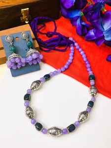 Graceful Lavender Agate Necklace with Handmade Jhumkas