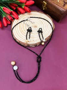 Black Beaded Lariat Necklace with Pearl Drops