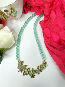 Mint Green Glass Bead  with Golden Leaf Pendant Necklace