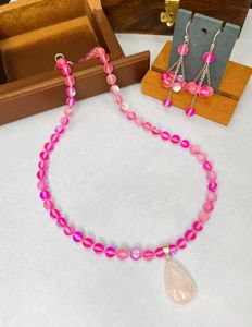 Teardrop Rose Quartz Pendant Necklace with Mermaid Beads