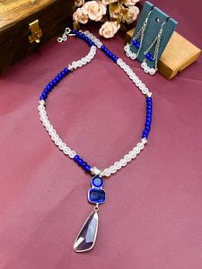 Royal Blue Crystal Pendant With Forest  White Beads
