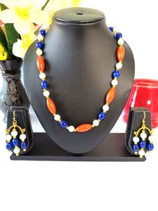 Vibrant Orange and Blue Bead Necklace with Pearl Accents