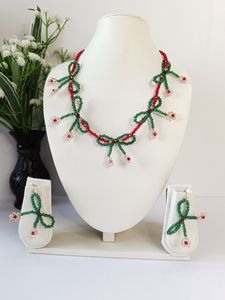 Bow Choker Crystal Bead Necklace with Bow Earrings