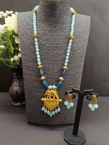 Aqua Blue Bead Necklace with Elephant Pendant
