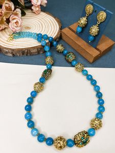 Aquamarine Agate-Jade and Alloy Metal Bead Necklace